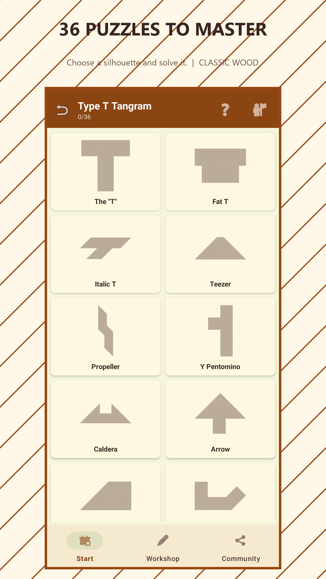 Tangram Easy Android puzzle library showing Type T silhouettes